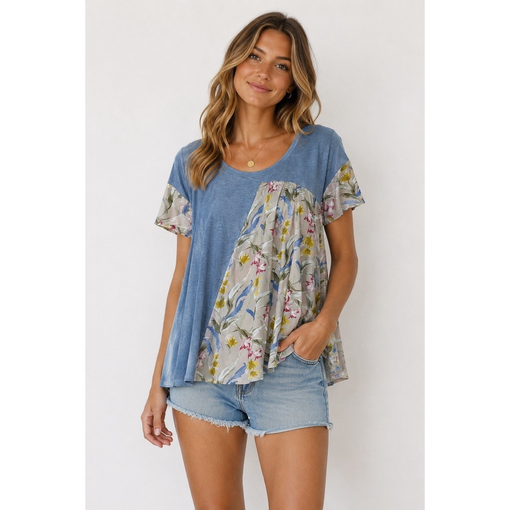 Tulip B Tunic Top Women's XL Blue Floral Scoop Neck Short Sleeve Casual Wear